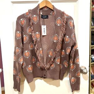 NWT Cider Women's Brown Boho Fringe Cardigan Preppy Grandpa Boyfriend Size M